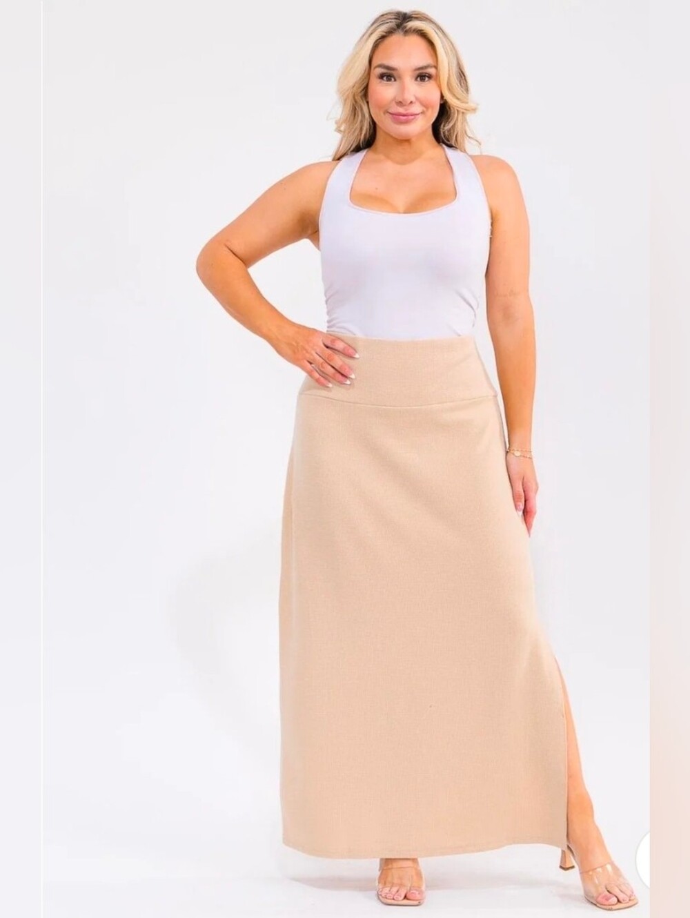 Women's High-Waist Maxi Skirt in Beige With A Side Slit